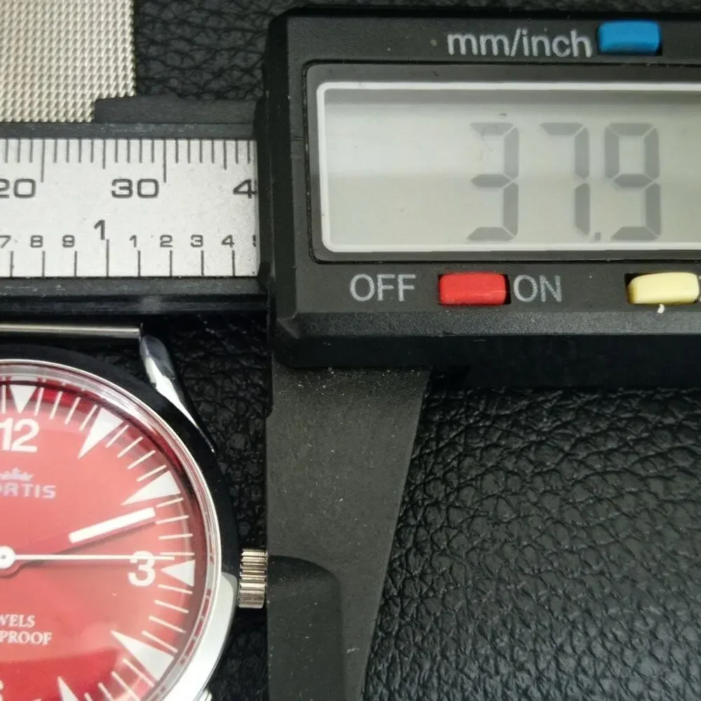 Vintage 1971 Fortis Manual Mens Silver Watch W/Steel Strap & Red accents